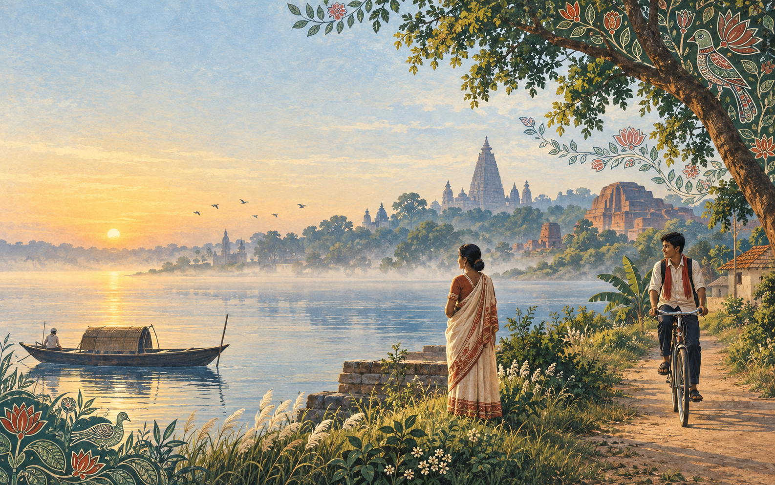 An illustrated dawn over the Ganga, with people, a boat and Bihar's historic landscape